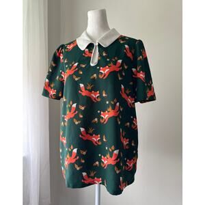 Modcloth Green & Orange Fox Print Collared Short Sleeve Blouse